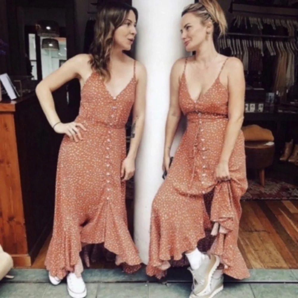 Boho Polka Dot Button up Cami Maxi Dress - Picture 6 of 7